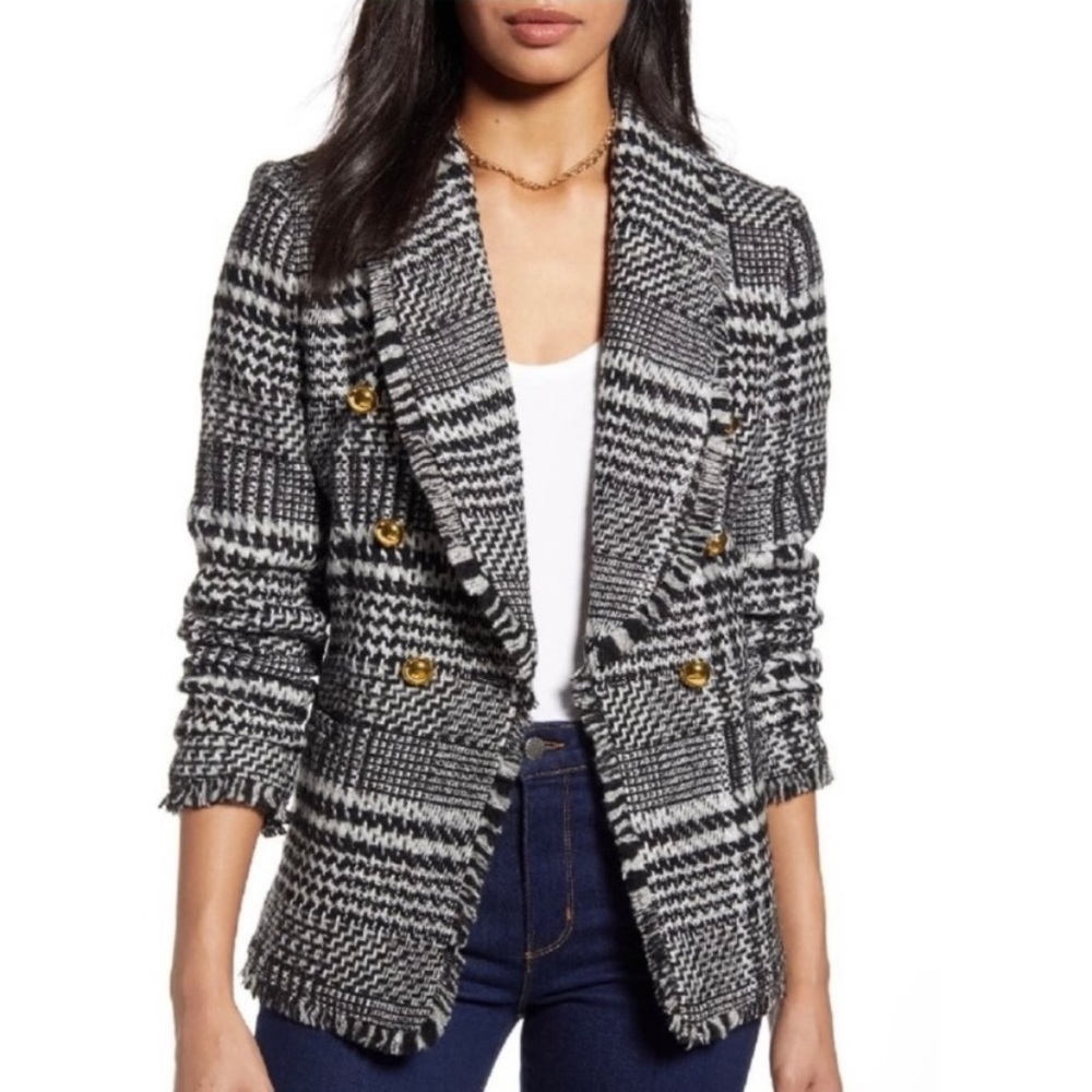 Halogen Double Breasted Shawl Collar Blazer plaid black gray tweed wool blend M